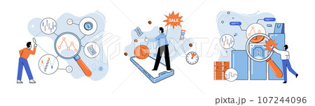 Promotion discount sale. Vector illustration. Sales index, pulse-check of commercial health Forecast of future sales, magic wand shaping business strategies Flash sale online, gold mine in terrain 107244096
