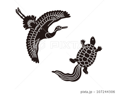 鶴と亀の和風イラスト（黒）のイラスト素材 [107244306] - PIXTA