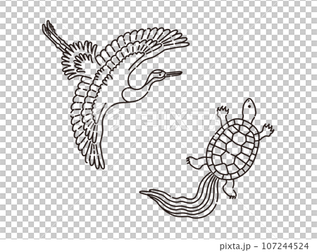 鶴と亀の和風イラスト(線画) 鶴と亀の和風イラスト(線画) 107244524