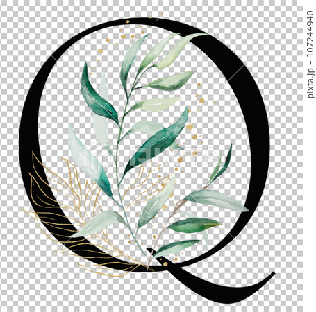 Black letter Q with green a watercolor leaves, isolated wedding illustration, Alphabet Element 107244940