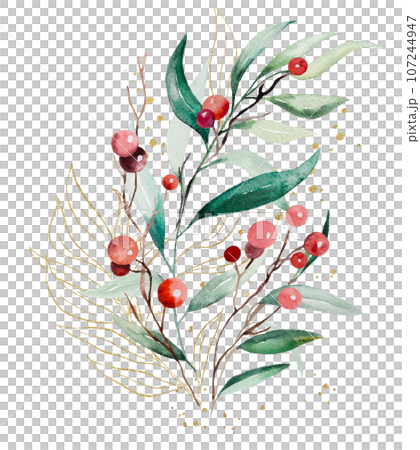 Christmas bouquet with watercolor twigs with green leaves and red berries. Holidays Illustration 107244947