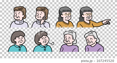 色々なシニア女性、高齢女性のネガティブ&ポジティブな表情集 107245520