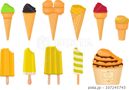big kit ice cream popsicle different types in cone waffle cup 107245743