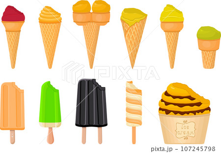 big kit ice cream popsicle different types in cone waffle cup 107245798