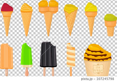 big kit ice cream popsicle different types in cone waffle cup 107245798