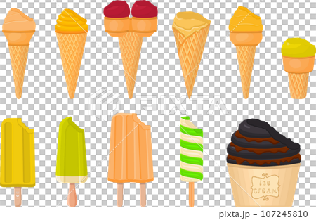 big kit ice cream popsicle different types in cone waffle cup 107245810