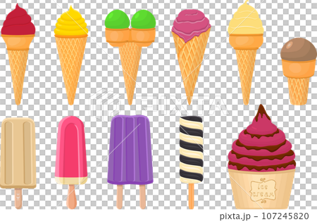 big kit ice cream popsicle different types in cone waffle cup 107245820