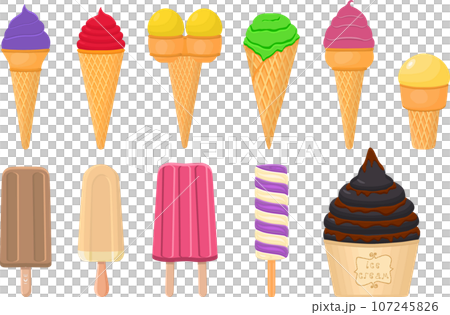 big kit ice cream popsicle different types in cone waffle cup 107245826