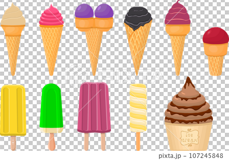 big kit ice cream popsicle different types in cone waffle cup 107245848