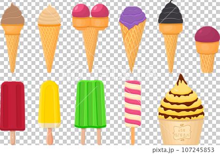 big kit ice cream popsicle different types in cone waffle cup 107245853