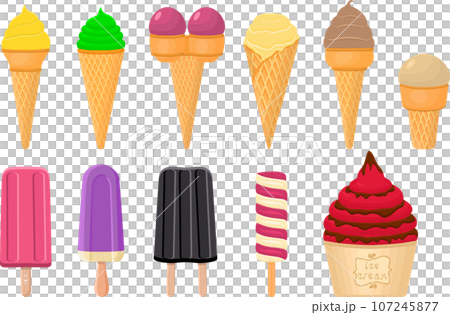 big kit ice cream popsicle different types in cone waffle cup 107245877