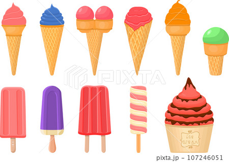 big kit ice cream popsicle different types in cone waffle cup 107246051