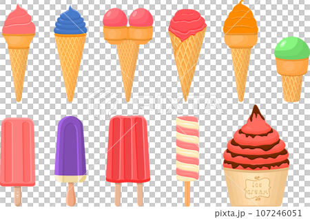 big kit ice cream popsicle different types in cone waffle cup 107246051