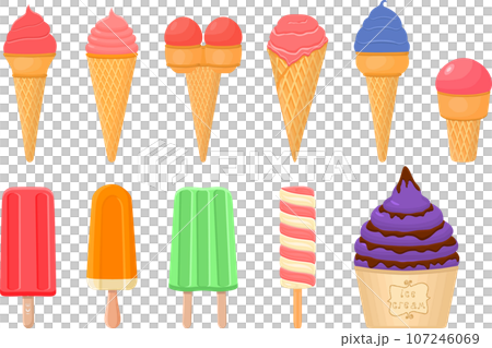 big kit ice cream popsicle different types in cone waffle cup 107246069