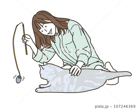 猫と遊ぶ私服姿の若いアジア人の女性 107246369