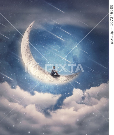 Dreamy scene with a boy seated on the crescent moon watching at the falling stars on the night sky. Magical and surreal view, adventure concept Dreamy scene with a boy seated on the crescent moon watching at the falling stars on the night sky. Magical and surreal view, adventure concept 107246989