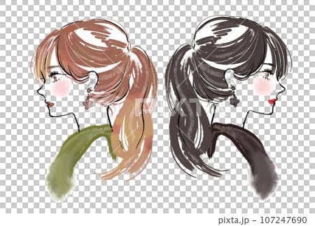 Illustration of a woman with back-to-back ponytails Illustration of a woman with back-to-back ponytails 107247690