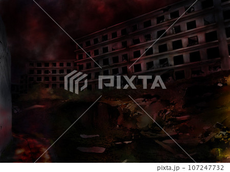 廃墟の街に立つ崩れたマンション 107247732