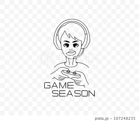 Boy, teenager plays video games in anime style, linear graphic design. Playing, gaming, gamer, amusement, in headphones and with joystick or controller, vector design and illustration 107248235
