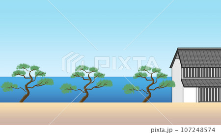 江戸時代の海辺そばの松林と建物 107248574