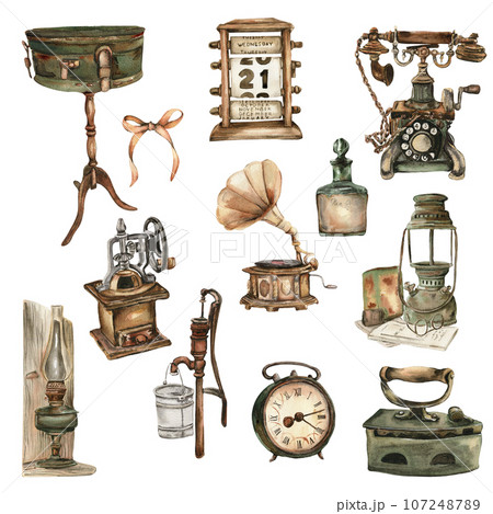 Watercolor illustration set of old rusty elements. An old rusty enamel elements. Perfect for wedding invitation, greetings card, posters, party decoration. 107248789
