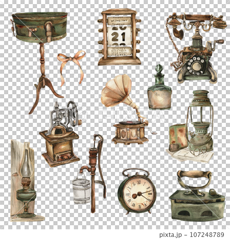 Watercolor illustration set of old rusty elements. An old rusty enamel elements. Perfect for wedding invitation, greetings card, posters, party decoration. 107248789
