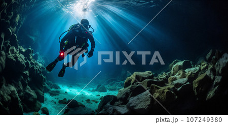 Diver explores dark underwater cave. Generative AI. 107249380
