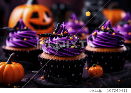 Halloween cupcakes with purple cream on dark background Halloween cupcakes with purple cream on dark background 107249411