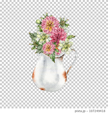 Watercolor rusty old elements and dahlia composition. Hand drawn illustration of a summer garden. Design for baby shower party, birthday, cake, holiday celebration design, greetings card,invitation. Watercolor rusty old elements and dahlia composition. Hand drawn illustration of a summer garden. Design for baby shower party, birthday, cake, holiday celebration design, greetings card,invitation. 107249418