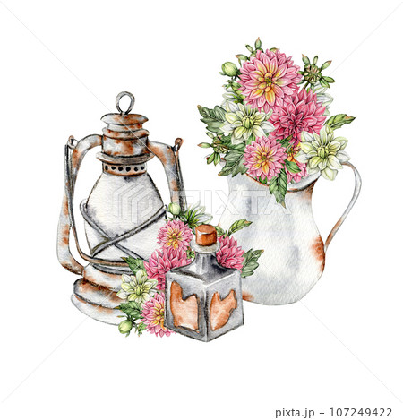 Watercolor rusty old elements and dahlia composition. Hand drawn illustration of a summer garden. Design for baby shower party, birthday, cake, holiday celebration design, greetings card,invitation. 107249422
