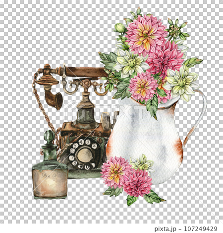 Watercolor rusty old elements and dahlia composition. Hand drawn illustration of a summer garden. Design for baby shower party, birthday, cake, holiday celebration design, greetings card,invitation. Watercolor rusty old elements and dahlia composition. Hand drawn illustration of a summer garden. Design for baby shower party, birthday, cake, holiday celebration design, greetings card,invitation. 107249429