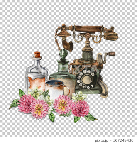 Watercolor rusty old elements and dahlia composition. Hand drawn illustration of a summer garden. Design for baby shower party, birthday, cake, holiday celebration design, greetings card,invitation. Watercolor rusty old elements and dahlia composition. Hand drawn illustration of a summer garden. Design for baby shower party, birthday, cake, holiday celebration design, greetings card,invitation. 107249430