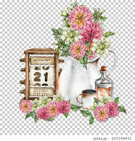 Watercolor rusty old elements and dahlia composition. Hand drawn illustration of a summer garden. Design for baby shower party, birthday, cake, holiday celebration design, greetings card,invitation. 107249431