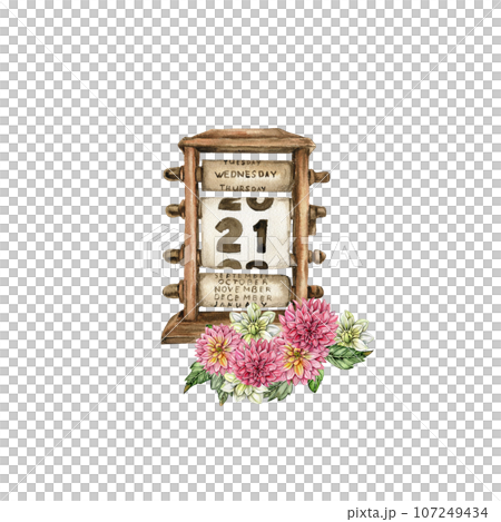 Watercolor rusty old elements and dahlia composition. Hand drawn illustration of a summer garden. Design for baby shower party, birthday, cake, holiday celebration design, greetings card,invitation. Watercolor rusty old elements and dahlia composition. Hand drawn illustration of a summer garden. Design for baby shower party, birthday, cake, holiday celebration design, greetings card,invitation. 107249434