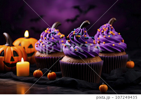 Halloween cupcakes with purple cream on dark...のイラスト素材 [107249435] - PIXTA