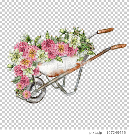 Watercolor rusty old elements and dahlia composition. Hand drawn illustration of a summer garden. Design for baby shower party, birthday, cake, holiday celebration design, greetings card,invitation. Watercolor rusty old elements and dahlia composition. Hand drawn illustration of a summer garden. Design for baby shower party, birthday, cake, holiday celebration design, greetings card,invitation. 107249436