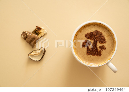 Mushroom coffee concept - mushroom shaped art on coffee cup Mushroom coffee concept - mushroom shaped art on coffee cup 107249464