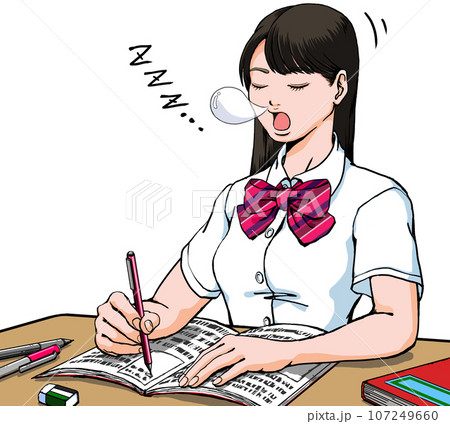 大学合格目指して受験勉強に励むも居眠りしてしまう女子高生_夏服 107249660
