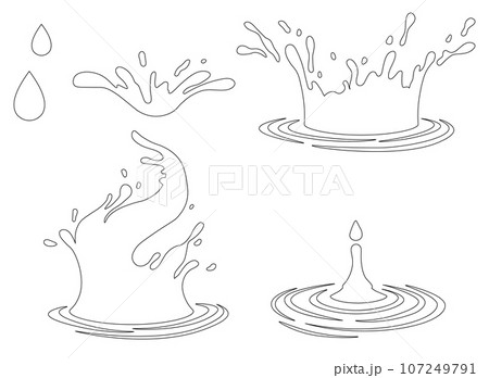 Water and juice splash liquide. Black doodle line. Fresh juice splashed, visual feast of refreshing drink A wave shape, reflection of seas timeless ebb and flow A drop shape, basic unit 107249791