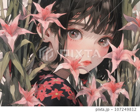 百合の花と黒髪の少女 107249812