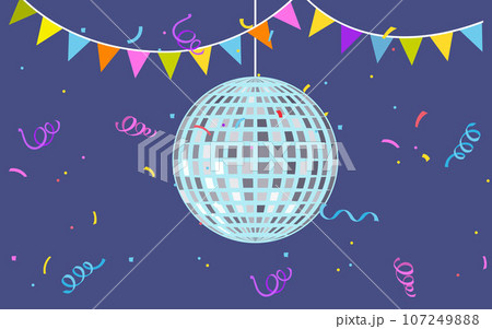 Silver disco ball on blue background with colored ribbons, garland of flags and confetti. Glowing discoball. Night club party equipment. Shiny mirror ball. Carnival element. Birthday celebration 107249888
