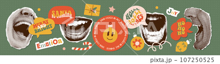 Emotional vintage halftone mouth elements with warm Christmas Greetings in speech bubbles. Paper torn out mixed media stickers with bright doodle elements. Vector illustrations pack. Emotional vintage halftone mouth elements with warm Christmas Greetings in speech bubbles. Paper torn out mixed media stickers with bright doodle elements. Vector illustrations pack. 107250525