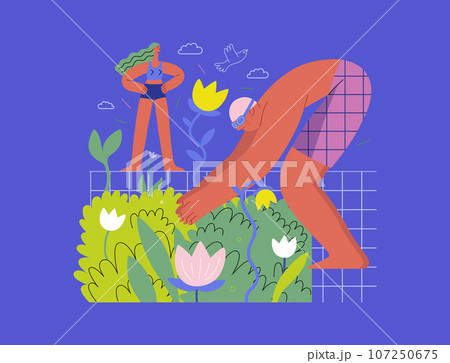 Greenery, ecology -modern flat vector concept illustration of people around the swimming pool of plants and flowers. Metaphor of environmental sustainability and protection, closeness to nature 107250675
