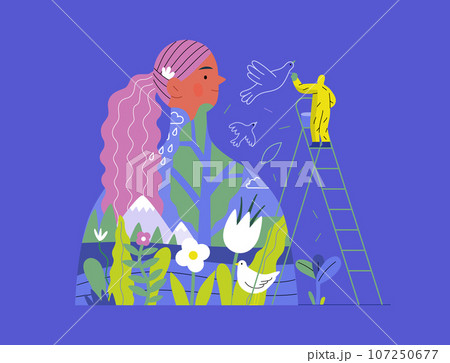 Greenery, ecology -modern flat vector concept illustration of a man painting a mural of a woman, composed with landscape. Metaphor of environmental sustainability and protection, closeness to nature Greenery, ecology -modern flat vector concept illustration of a man painting a mural of a woman, composed with landscape. Metaphor of environmental sustainability and protection, closeness to nature 107250677