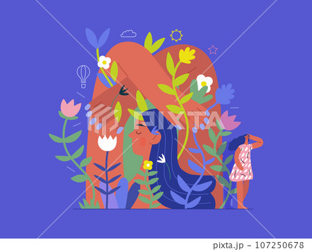 Greenery, ecology -modern flat vector concept illustration of a mural of a woman, surrounded by plants. Metaphor of environmental sustainability and protection, closeness to nature Greenery, ecology -modern flat vector concept illustration of a mural of a woman, surrounded by plants. Metaphor of environmental sustainability and protection, closeness to nature 107250678