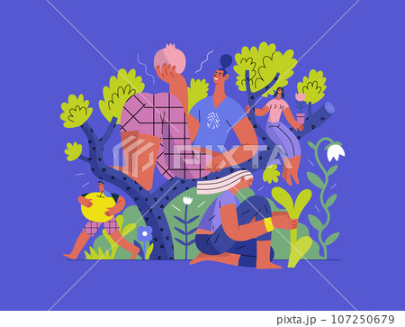 Greenery, ecology -modern flat vector concept illustration of people on a tree, surrounded by plants. Metaphor of environmental sustainability and protection, closeness to nature 107250679