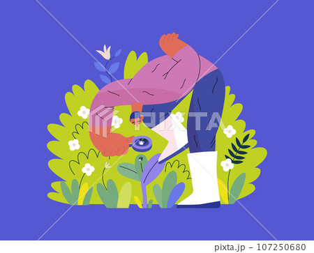 Greenery, ecology -modern flat vector concept illustration of a man in plants, looking at the bug through the lens. Metaphor of environmental sustainability and protection, closeness to nature Greenery, ecology -modern flat vector concept illustration of a man in plants, looking at the bug through the lens. Metaphor of environmental sustainability and protection, closeness to nature 107250680