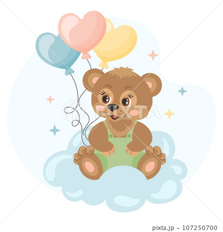 Cute cartoon teddy bear with balloons on a cloud. Illustration in flat style. Children's birthday card. Vector 107250700