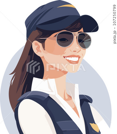 Smiling young woman pilot. Captain of passenger plane. Isolated flat vector design. Smiling young woman pilot. Captain of passenger plane. Isolated flat vector design. 107250799