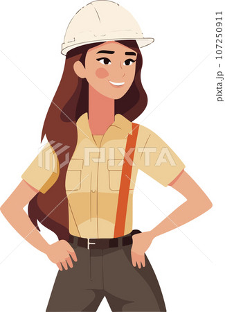 Cute young constructor woman in hard hat and uniform. Vector illustrations 107250911
